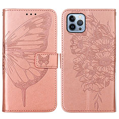 Coque Portefeuille Papillon Livre Cuir Etui Clapet L10 pour Apple iPhone 14 Pro Or Rose