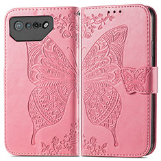 Coque Portefeuille Papillon Livre Cuir Etui Clapet pour Asus ROG Phone 7 Pro Rose Rouge