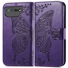 Coque Portefeuille Papillon Livre Cuir Etui Clapet pour Asus ROG Phone 7 Ultimate Violet