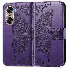 Coque Portefeuille Papillon Livre Cuir Etui Clapet pour Huawei Honor 60 Pro 5G Violet
