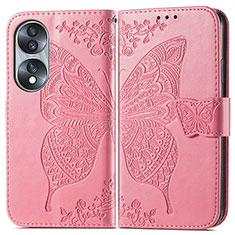 Coque Portefeuille Papillon Livre Cuir Etui Clapet pour Huawei Honor 70 5G Rose Rouge