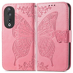 Coque Portefeuille Papillon Livre Cuir Etui Clapet pour Huawei Honor 90 5G Rose Rouge