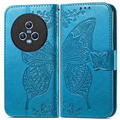 Coque Portefeuille Papillon Livre Cuir Etui Clapet pour Huawei Honor Magic5 5G Bleu