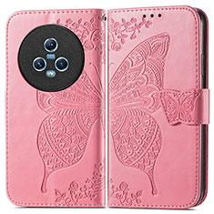 Coque Portefeuille Papillon Livre Cuir Etui Clapet pour Huawei Honor Magic5 5G Rose Rouge