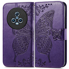 Coque Portefeuille Papillon Livre Cuir Etui Clapet pour Huawei Honor Magic5 5G Violet