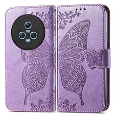 Coque Portefeuille Papillon Livre Cuir Etui Clapet pour Huawei Honor Magic5 5G Violet Clair