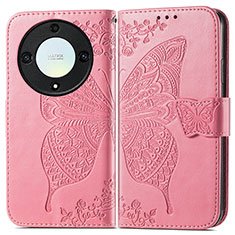 Coque Portefeuille Papillon Livre Cuir Etui Clapet pour Huawei Honor Magic5 Lite 5G Rose Rouge