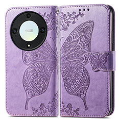 Coque Portefeuille Papillon Livre Cuir Etui Clapet pour Huawei Honor Magic5 Lite 5G Violet Clair