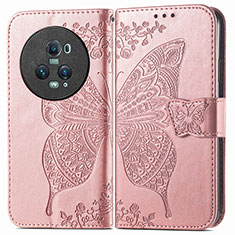 Coque Portefeuille Papillon Livre Cuir Etui Clapet pour Huawei Honor Magic5 Pro 5G Or Rose