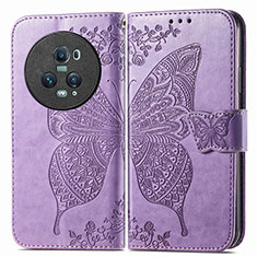 Coque Portefeuille Papillon Livre Cuir Etui Clapet pour Huawei Honor Magic5 Pro 5G Violet Clair