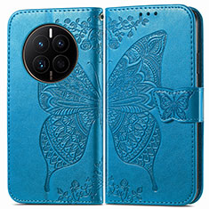 Coque Portefeuille Papillon Livre Cuir Etui Clapet pour Huawei Mate 50 Bleu