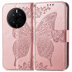 Coque Portefeuille Papillon Livre Cuir Etui Clapet pour Huawei Mate 50 Or Rose