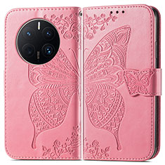 Coque Portefeuille Papillon Livre Cuir Etui Clapet pour Huawei Mate 50 Pro Rose Rouge