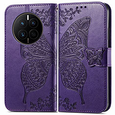 Coque Portefeuille Papillon Livre Cuir Etui Clapet pour Huawei Mate 50 Violet