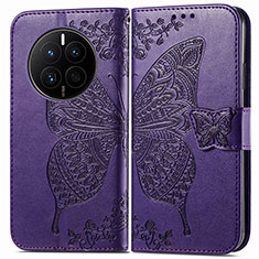 Coque Portefeuille Papillon Livre Cuir Etui Clapet pour Huawei Mate 50E Violet