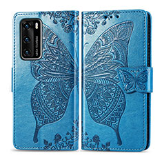 Coque Portefeuille Papillon Livre Cuir Etui Clapet pour Huawei P40 Bleu
