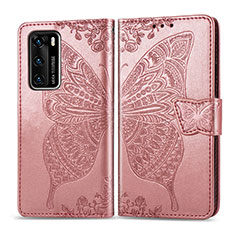Coque Portefeuille Papillon Livre Cuir Etui Clapet pour Huawei P40 Rose
