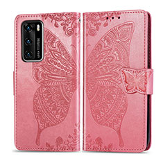 Coque Portefeuille Papillon Livre Cuir Etui Clapet pour Huawei P40 Rose Rouge