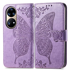 Coque Portefeuille Papillon Livre Cuir Etui Clapet pour Huawei P50 Pro Violet Clair