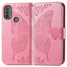 Coque Portefeuille Papillon Livre Cuir Etui Clapet pour Motorola Moto E20 Rose Rouge