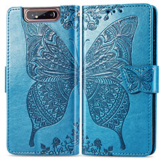 Coque Portefeuille Papillon Livre Cuir Etui Clapet pour Samsung Galaxy A80 Bleu
