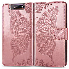 Coque Portefeuille Papillon Livre Cuir Etui Clapet pour Samsung Galaxy A80 Rose