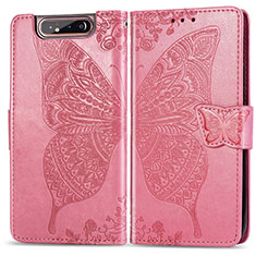 Coque Portefeuille Papillon Livre Cuir Etui Clapet pour Samsung Galaxy A80 Rose Rouge
