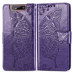 Coque Portefeuille Papillon Livre Cuir Etui Clapet pour Samsung Galaxy A80 Violet