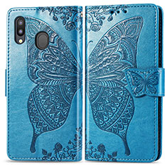 Coque Portefeuille Papillon Livre Cuir Etui Clapet pour Samsung Galaxy M20 Bleu