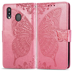 Coque Portefeuille Papillon Livre Cuir Etui Clapet pour Samsung Galaxy M20 Rose Rouge