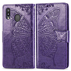 Coque Portefeuille Papillon Livre Cuir Etui Clapet pour Samsung Galaxy M20 Violet