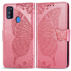 Coque Portefeuille Papillon Livre Cuir Etui Clapet pour Samsung Galaxy M21 Rose Rouge
