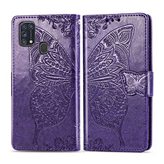 Coque Portefeuille Papillon Livre Cuir Etui Clapet pour Samsung Galaxy M21s Violet