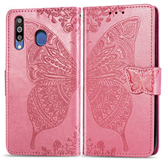 Coque Portefeuille Papillon Livre Cuir Etui Clapet pour Samsung Galaxy M30 Rose Rouge