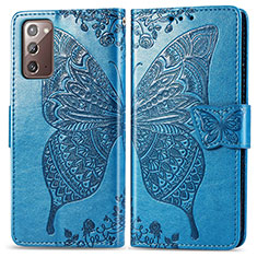 Coque Portefeuille Papillon Livre Cuir Etui Clapet pour Samsung Galaxy Note 20 5G Bleu
