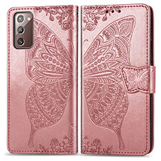 Coque Portefeuille Papillon Livre Cuir Etui Clapet pour Samsung Galaxy Note 20 5G Rose