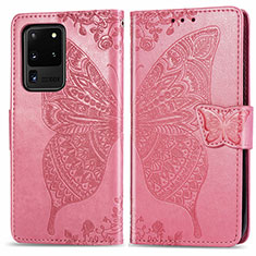 Coque Portefeuille Papillon Livre Cuir Etui Clapet pour Samsung Galaxy S20 Ultra 5G Rose Rouge