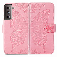 Coque Portefeuille Papillon Livre Cuir Etui Clapet pour Samsung Galaxy S21 5G Rose Rouge
