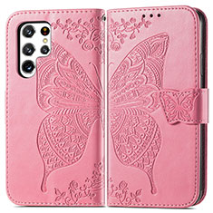 Coque Portefeuille Papillon Livre Cuir Etui Clapet pour Samsung Galaxy S21 Ultra 5G Rose Rouge