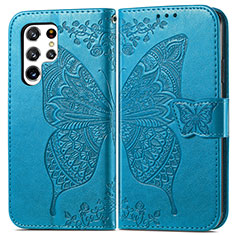 Coque Portefeuille Papillon Livre Cuir Etui Clapet pour Samsung Galaxy S22 Ultra 5G Bleu