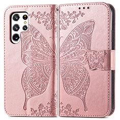 Coque Portefeuille Papillon Livre Cuir Etui Clapet pour Samsung Galaxy S22 Ultra 5G Rose