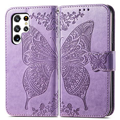 Coque Portefeuille Papillon Livre Cuir Etui Clapet pour Samsung Galaxy S22 Ultra 5G Violet Clair