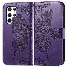 Coque Portefeuille Papillon Livre Cuir Etui Clapet pour Samsung Galaxy S23 Ultra 5G Violet
