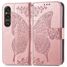 Coque Portefeuille Papillon Livre Cuir Etui Clapet pour Sony Xperia 1 V Or Rose