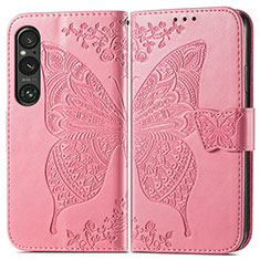 Coque Portefeuille Papillon Livre Cuir Etui Clapet pour Sony Xperia 1 V Rose Rouge