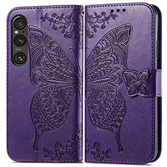 Coque Portefeuille Papillon Livre Cuir Etui Clapet pour Sony Xperia 1 V Violet