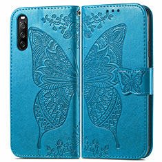 Coque Portefeuille Papillon Livre Cuir Etui Clapet pour Sony Xperia 10 III Bleu