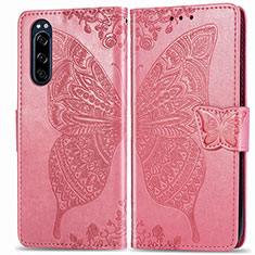 Coque Portefeuille Papillon Livre Cuir Etui Clapet pour Sony Xperia 5 Rose Rouge