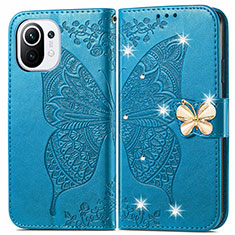 Coque Portefeuille Papillon Livre Cuir Etui Clapet pour Xiaomi Mi 11 5G Bleu