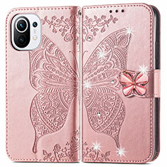 Coque Portefeuille Papillon Livre Cuir Etui Clapet pour Xiaomi Mi 11 5G Rose